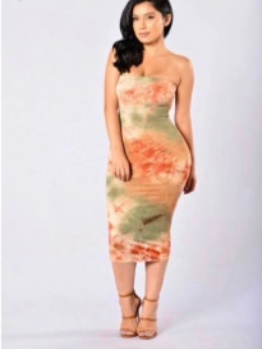 ISO: Strapless Tie-Dye Bodycon Midi Dress - Orange & Olive
